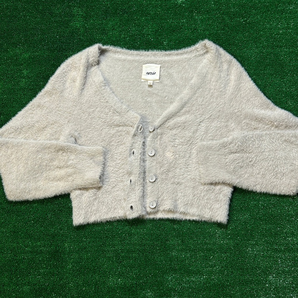 Fuzzy Eyelash Knit Aerie‎ Cropped Cardigan Sweater Small Grey/Beige Womens